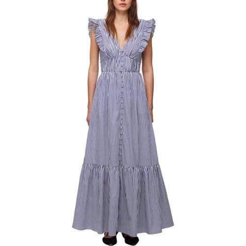 Spring Summer Womens Stripes V-Neck Midi Dress Ladies Sleeveless Ruffles Trim Back Hollow Out Lace-up Split Long Dresses