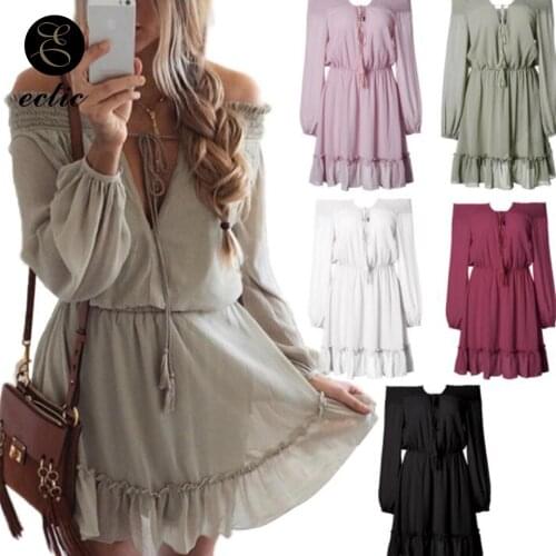 Bare Shoulder Off Dress Frill Sukienka Bandage Dress Long Sleeve Robe Femme Ete 2021 Plain Short Dresses For Party Elegant Women