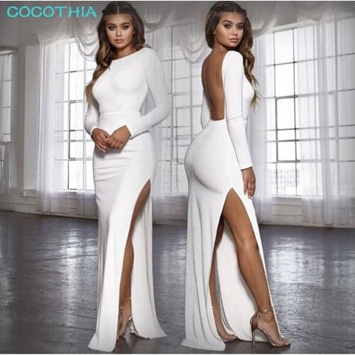 COCOTHIA Ladys Autumn Elegant Party Floor Length Dress Solid Color Long Sleeve Sexy High Split Backless Bodycon Maxi Vestidos
