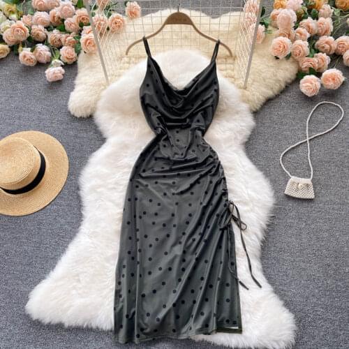 2021 Summer New Fashion Vestidos Womens V-neck Drawstring Pleated Slim Sling French Polka Dot Midi Dress DK1328