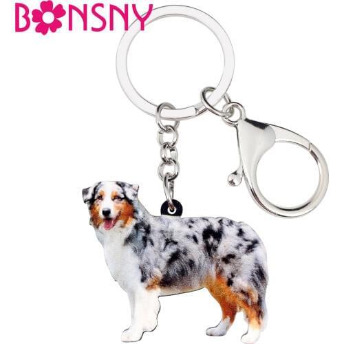 Bonsny Acrylic Australian Shepherd Dog Key Chain Keychains Rings Fashion Animal Jewelry For Women Girls Teens Bag Pendant Charms