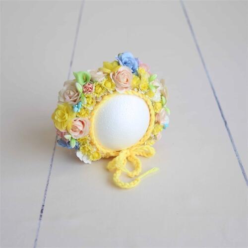 Lovely Newborn Yellow Floral Bonnet Handknit Baby Hat Crochet Cotton Flower Hat Infant Beanie Newborn Photography Props