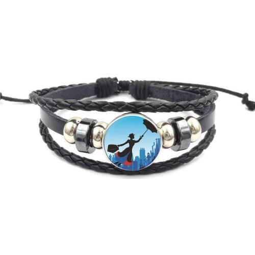 EJ Glaze Steampunk Jewelry Glass Cabochon Black Leather Bracelet Bangle For Girls Best Gift Mary Poppins
