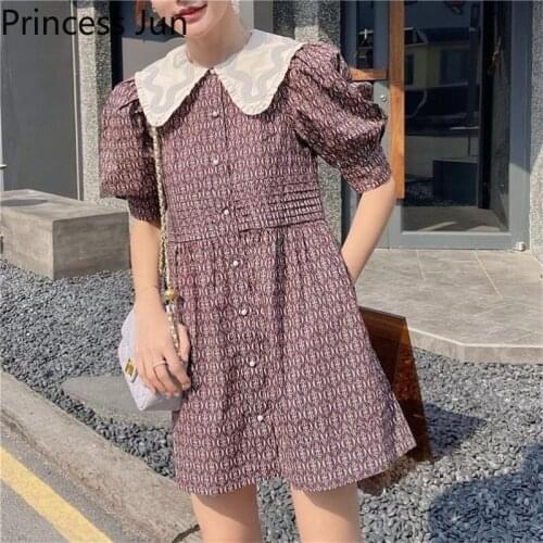 French Palace Retro Princess Mini Dress Fashion Summer Holiday Puff Sleeve Party Dress Peter Pan Collar Print A Line Mini Dress
