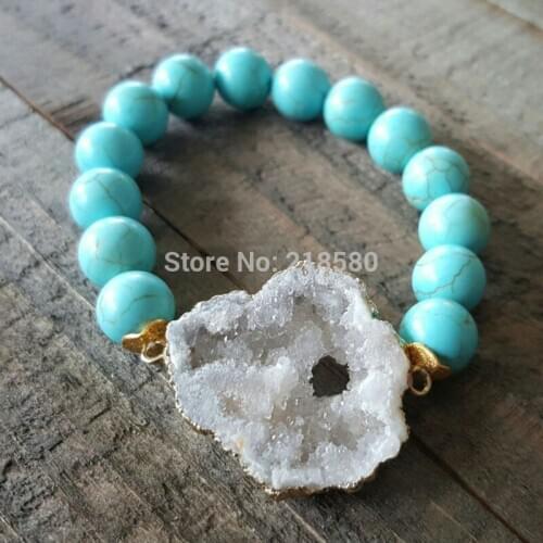 Blue Howlite Stone Bracelet white Druzy Geode charm Bracelet BM10752