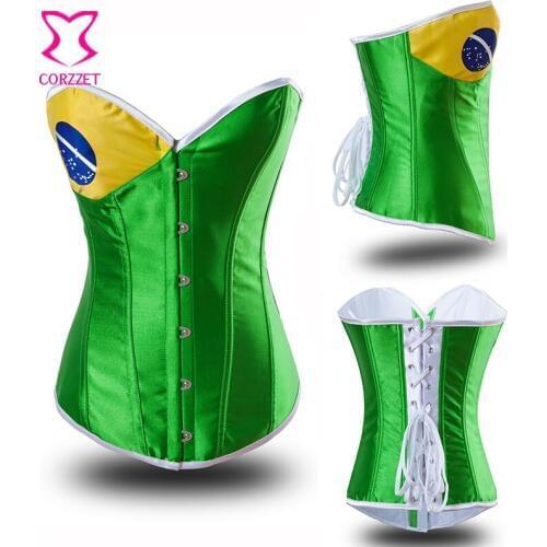 Fashion Print Satin Overbust Brazil Flag Corset Burlesque Corpetes Corseletes Steel Boned Corsets and Bustiers Gothic Clothing