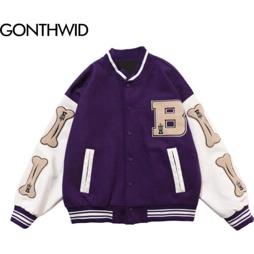 GONTHWID Sleeve Leather Patchwork Striped Baseball Bomber Jackets Streetwear Hip Hop Casual Bone Patchwork Coats Tops Outwear