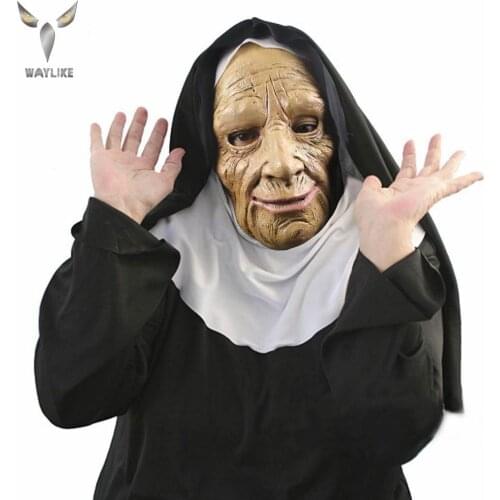 WAYLIKE The Nun Mask With Veil Halloween Latex Costume Props Old Woman Face Mask With Headscarf For Party