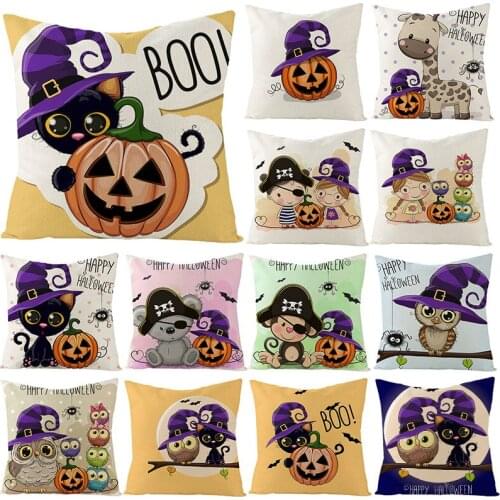 Happy Halloween Cushion Cover 45X45 Cartoon Owl Linen Pillow Cover Pumpkin Decorative Pillowcase Home Sofa Cushion Throw Pillows