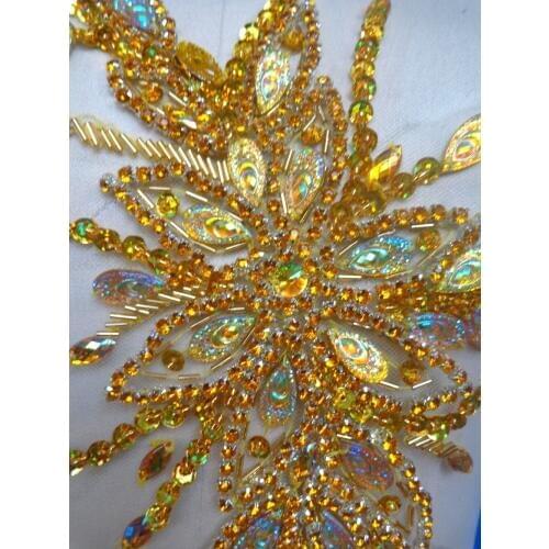 Pure hand made dazzling golden sew on Rhinestones applique crystals trim patches 28*16cm dress accessory for belt