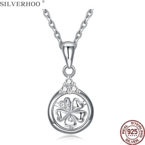 SILVERHOO 925 Sterling Silver Pendant Necklace For Women Heart Shaped Flowers Austria Crystal Necklace Party Fine Jewelry New