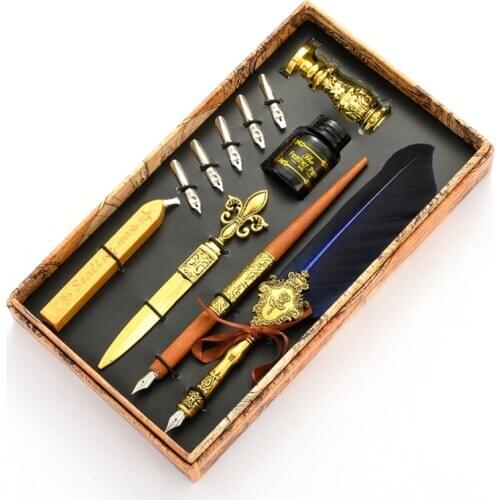 Calligraphy Quill Feather Dip Pen Fountain Writing Ink Nibs Seal Wax Gift Box 1XCB