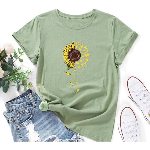 Sunflower Different Not Less Floral Flower T-Shirt Women Short Sleeve Cotton T-shirts Summer Graphic Tee Tops Female Clothes