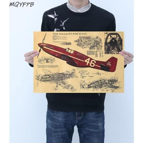 Mustang Aircraft Kraft Paper Poster Wall Sticker Home Decoration Painting Supplies 50.5x35cm