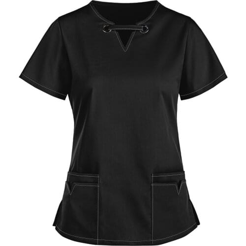 Working Nurse Uniform Tops Solid Color V-neck Casual Short Sleeve 2021 New Nursing Blouse for Women with Pocket Mukoti Yunifomu