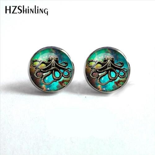 NES-0058 Steampunk Octopus Stud Earrings Octopus Nebula Earring Space Jewelry Glass Dome Earrings HZ4