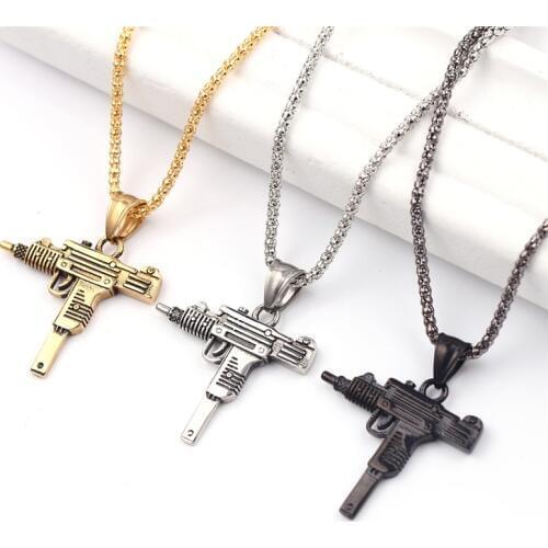 Charm Pistol UZI Gun Shaped Pendant Punk Tommy Gun Army Style Male Chain Necklace For Men corrente masculina Jewelry Gifts