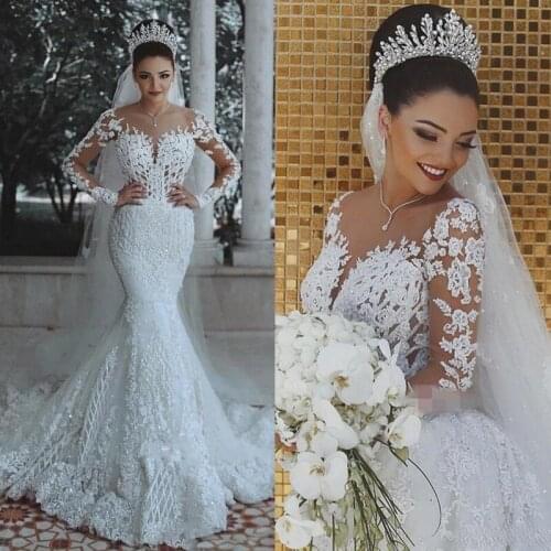 Vestido de noiva Long Sleeves Mermaid Wedding Dress Romantic See Through Lace Sheer robe de mariee Custom Arabian Bride Dresses