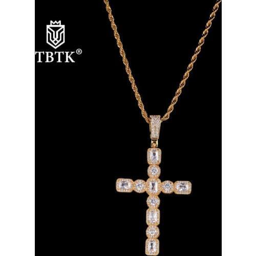 TBTK Cross Pendant Paved Bling Clear Gold Zirconia Stones Square/Round Gem Jewelry Fashion Punk Style Pendant Necklace