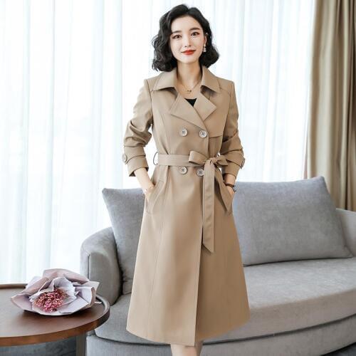 Women Long Trench Coat Spring Autumn 2020 Fashion Khaki Jacket Adjustable Waist Overcoat Twill Cotton Blends Outerwear Female