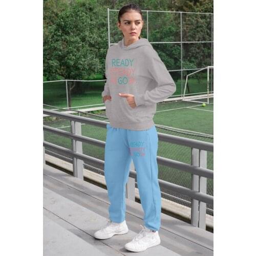 Angemiel Wear Ready Steady Women Tracksuit Set Gray Hooded Sweatshirt Blue Sweatpants