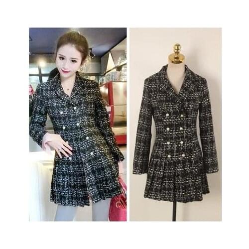 New women turn down collar long sleeve double breasted tweed woolen pleated fashion medium long coat casacos S M L