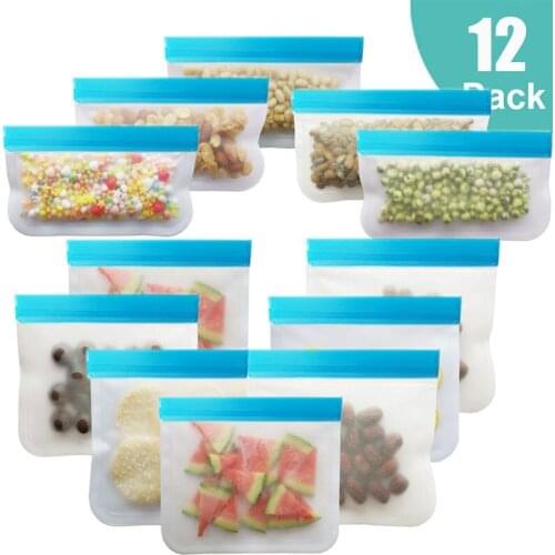 12Pcs/Set Blue Food Storage Bag Frosted PEVA Ziplock Pouch Reusable Food Fresh Bag Leakproof Kitchen Silicone Food Storage Bag