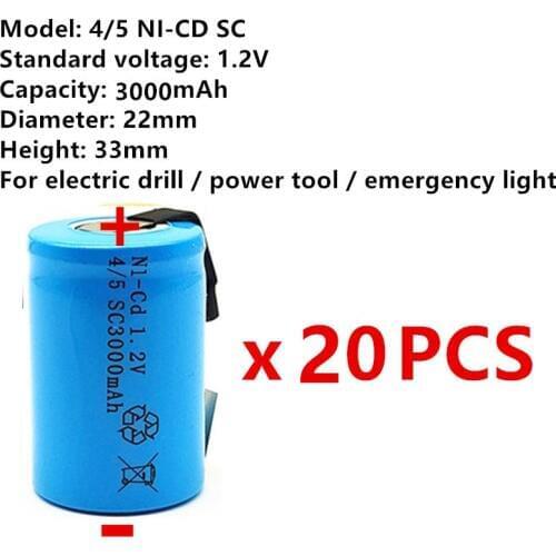 20pcs High quality battery rechargeable battery sub c battery 4/5SC battery replacement 1.2 v with tab 3000 mah