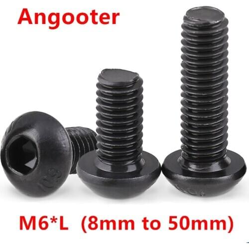 50pcs ISO7380 M6 Black Steel Hexagon Hex Socket Button Head Cap Screw Screws M6*8/10/12/16/20/25/30--50mm