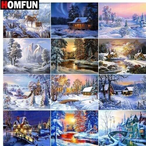 HOMFUN 5D DIY Full Diamond Embroidery "House tree snow winter" Diamond Painting Cross Stitch Rhinestone Home Decoration