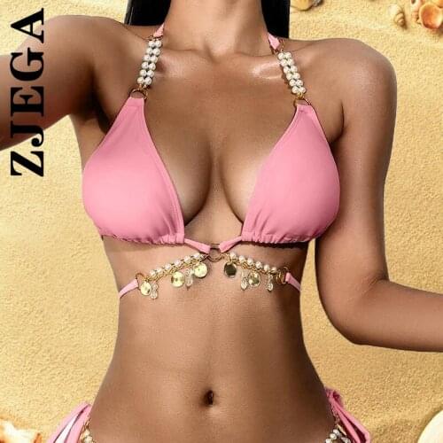 Halter Bikini Sexy Women Bikini Sets Metal Chain Tassel Bandage Swimsuit Solid Swimwear 2021 New Beachwear Bathing Suit Female