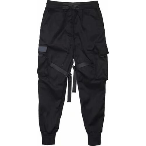 Men Trousers Solid Color Multi Pockets Slim Ankle Tied Mid Rise Pockets Cargo Pants for Spring Men Trousers Cargo Pants Black