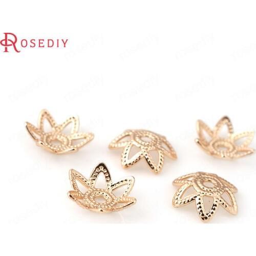 31282-G)50PCS 8MM 24K Champagne Gold Color Brass Flower Beads Caps Jewelry Making Supplies Diy Findings Accessories