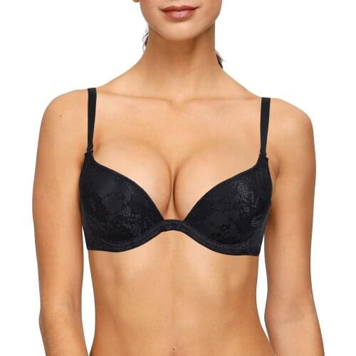 Black Women Bra Deep Plunge Lace Lingerie Padded Push Up Underwire Brassiere V Neck T-shirt Bra Dather Demi Bras for Women