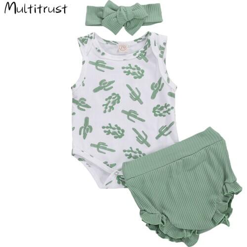 Lovely 2pcs Set Kid Cactus Infant Baby Girl Clothing 0-18M Sleeveless Print Romper Tops+Solid Ruffle Knited Shorts