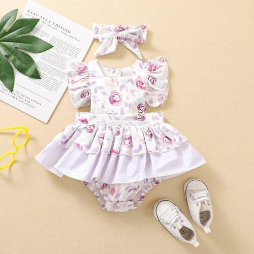 Newborn Baby Girls Romper with Headband Fly Sleeve Ruffles Jumpsuit+ Hair Band Summer Children Toddler Casual Outwear