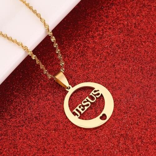 Stainless Steel Jesus Round Pendant Necklace Crucifix Christian for Church Jewelry