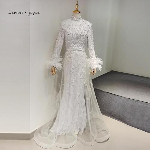 Lemon joyce Luxury White Dubai Evening Dresses High Neck Long Sleeve Beading Feathers Mermaid Formal Evening Gowns Plus Size