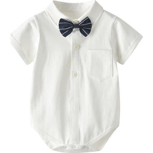 Baby Summer Clothing Infant Baby Boy Gentleman Solid Formal Baptism Bodysuit Short Sleeve Turn Down Collar Shirts Jumpsuit Set
