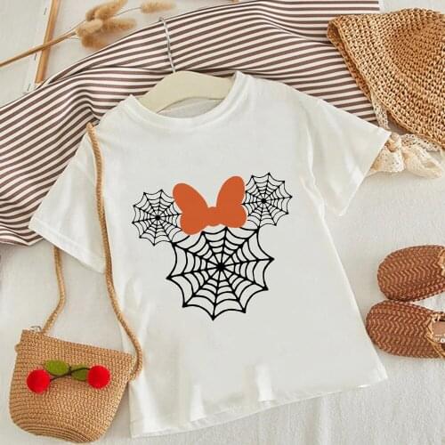 Minnie Mouse Head Spider Web Harajuku Kawaii T Shirt HAPPY HALLOWEEN Children Tshirt Funny Cartoon T-shirt Cute Kids Top Tee