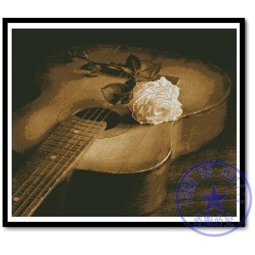 14/16/18/22/25/28CT Lovely Nostalgic Counted Cross Stitch Kit Guitar and White Rose Music Instrument