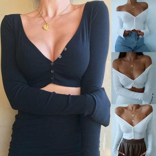 2019 Newest Hot Women Sexy Summer Casual Tops Long Sleeve Short Solid T-Shirts Crop Tops Ladies Sexy Deep V Neck Sheath T-Shirts