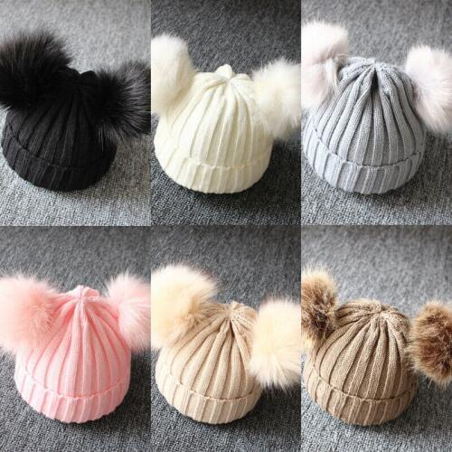 Autumn Winter Newborn Baby Kids Girls Boys Warm Knit Hat Furry Balls Pompom Solid Warm Cute Lovely Beanie Cap Gifts