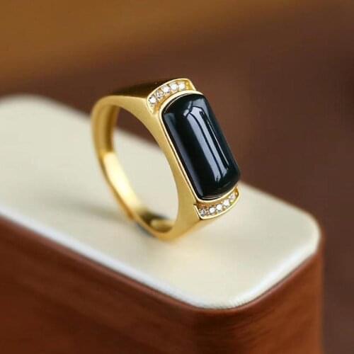 Natural Hetian Moyu Retro New Open Ring Men and Women Same Style Atmospheric S925 Sterling Silver Inlaid