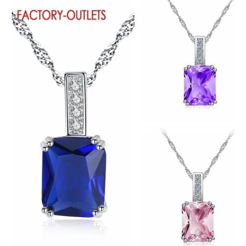 Big Rectangle Crystal Necklaces For Women Girls Real 925 Sterling Silver Pendant Necklaces For Sale Christmas Jewelry Gift