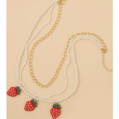 Bohemian Trendy Resin Strawberry Pendant Necklace For Women Fashion Boho Pearl Bead Chain Layered Necklace Statement Jewelry