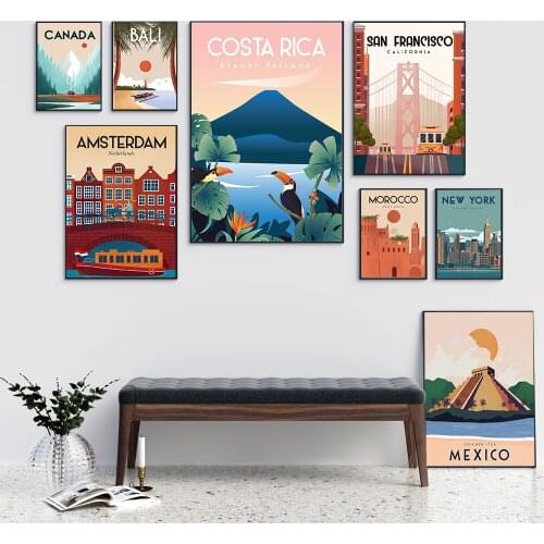 Famous City Travel Poster Cartoon Morocco Amsterdam Bali Canda Landscape Canvas Painting Wall Art Pictures For Living Room Decor