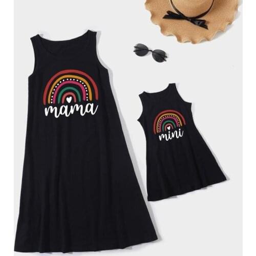 Rainbow Mother Daughter Matching Dresses Family Set Mom Mum Baby Mommy and Me Clothes Sleeveless Women Girls Cotton T-shirts