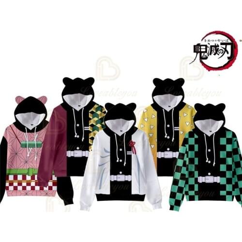 Anime Demon Slayer Kimetsu No Yaiba Tanjirou Nezuko Sweatshirt Hooded Cosplay Cat Ears Unisex Hoodie Sweatshirt Costume