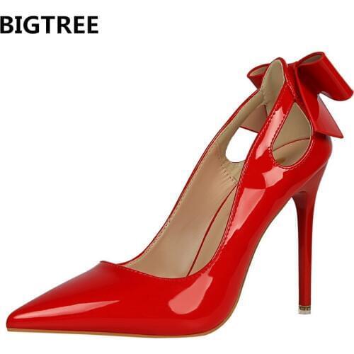 BIGTREE Pink White Women Pumps Patent Leather High Heel Dress Shoes Bowknot Butterfly Knot Bow Cut Out Sandals Woman Stilettos